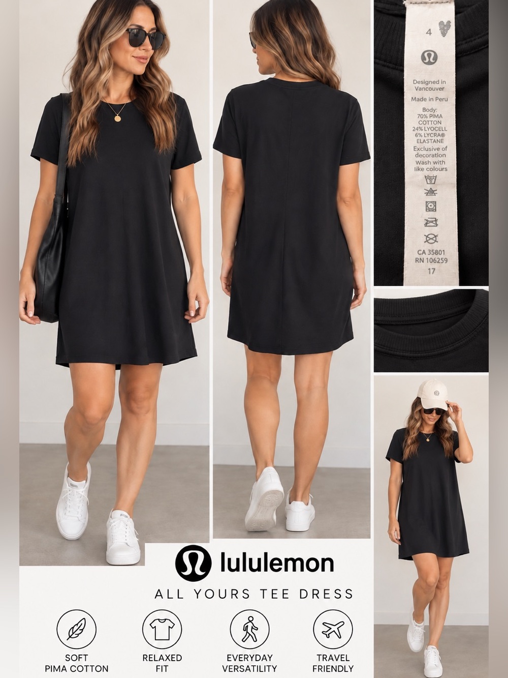Lululemon Black T-Shirt Dress Size 4 Pima Cotton Lyocell Stretch